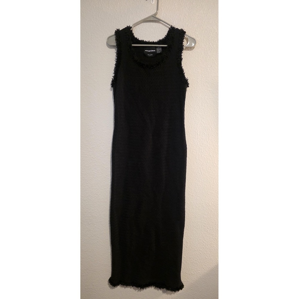 Vtg Michael Simon Sweater Dress Womens Small Black Chevron Fringe Maxi Knit 90s